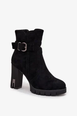 Damskie Boto Botki Damskie Na Słupku Z Klamrą Ocieplane Czarne Selisse