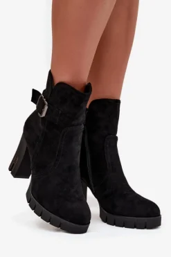Damskie Boto Botki Damskie Na Słupku Z Klamrą Ocieplane Czarne Selisse