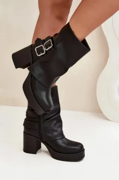 Best Boto Botki Damskie Na Słupku Z Klamrami Czarne Marena Czarny