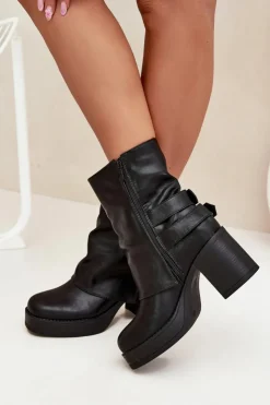 Best Boto Botki Damskie Na Słupku Z Klamrami Czarne Marena Czarny