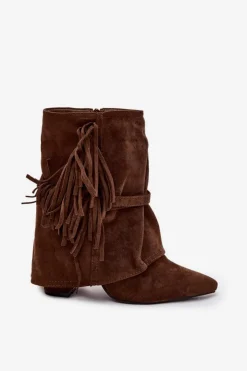 Boto Botki Na Słupku|Czarne Botki*Botki Damskie Na Słupku Z Frędzlami I Złotymi Klamrami Brązowe Evelisse Brązowy