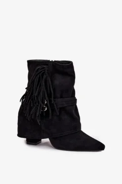 Damskie Boto Botki Damskie Na Słupku Z Frędzlami I Złotymi Klamrami Czarne Evelisse