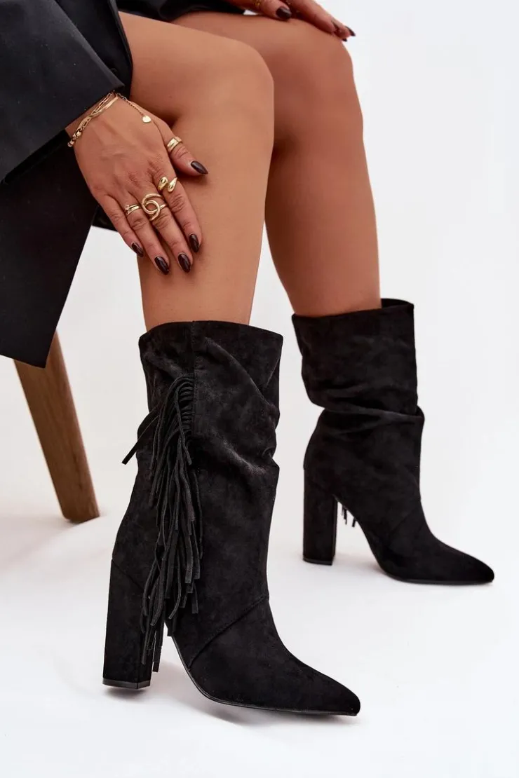 Online Boto Botki Damskie Na Słupku Z Frędzlami I Marszczeniem Ocieplane Czarne Darlina Czarny