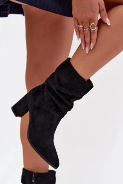 Boto Botki Ocieplane|Botki Na Słupku*Botki Damskie Na Słupku Z Marszczeniem Ocieplane Czarne Amelise Czarny