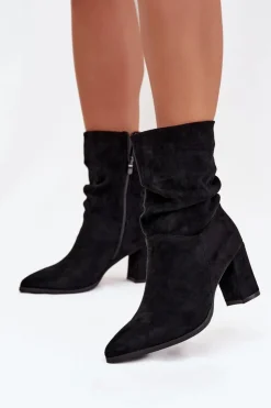 Boto Botki Ocieplane|Botki Na Słupku*Botki Damskie Na Słupku Z Marszczeniem Ocieplane Czarne Amelise Czarny