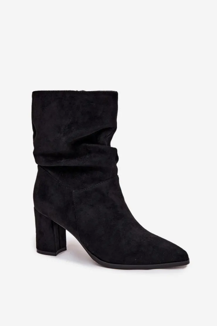 Boto Botki Ocieplane|Botki Na Słupku*Botki Damskie Na Słupku Z Marszczeniem Ocieplane Czarne Amelise Czarny