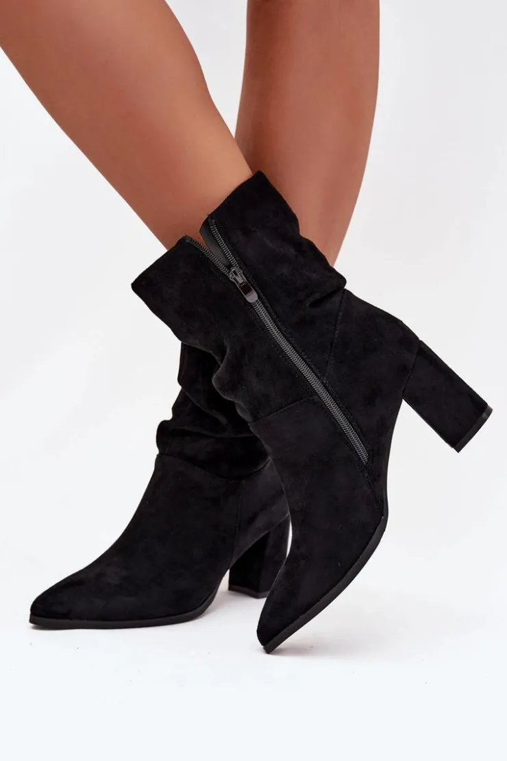 Boto Botki Ocieplane|Botki Na Słupku*Botki Damskie Na Słupku Z Marszczeniem Ocieplane Czarne Amelise Czarny