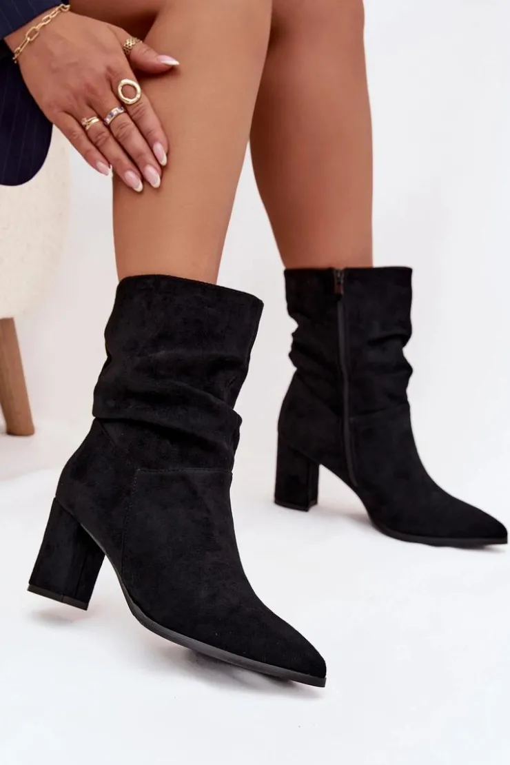 Boto Botki Ocieplane|Botki Na Słupku*Botki Damskie Na Słupku Z Marszczeniem Ocieplane Czarne Amelise Czarny