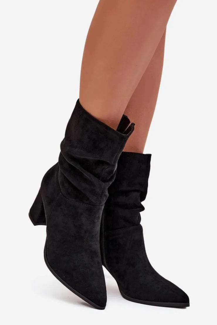 Boto Botki Ocieplane|Botki Na Słupku*Botki Damskie Na Słupku Z Marszczeniem Ocieplane Czarne Amelise Czarny