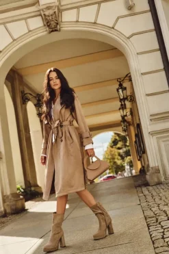 Damskie Boto Botki Damskie Na Słupku Z Eko Zamszu Beżowe Carolina