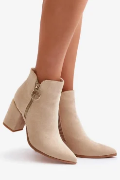 Damskie Boto Botki Damskie Na Słupku Z Noskami W Szpic Eko Zamszowe Ocieplane Beżowe Raisha