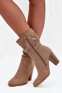 Damskie Boto Botki Damskie Na Słupku Z Marszczeniem Beżowe Jovessa