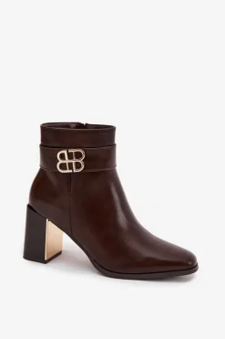 Boto Botki Ocieplane|Botki Skórzane*Botki Damskie Na Słupku Z Paskiem I Złotym Detalem Czekoladowe Galinne Brązowy