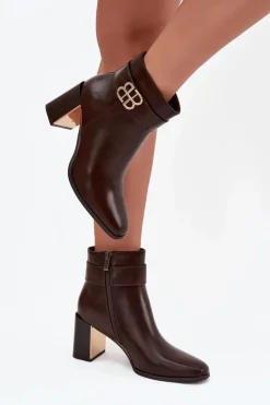 Boto Botki Ocieplane|Botki Skórzane*Botki Damskie Na Słupku Z Paskiem I Złotym Detalem Czekoladowe Galinne Brązowy