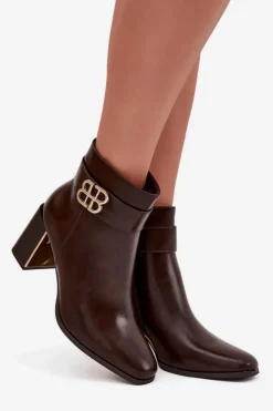 Boto Botki Ocieplane|Botki Skórzane*Botki Damskie Na Słupku Z Paskiem I Złotym Detalem Czekoladowe Galinne Brązowy