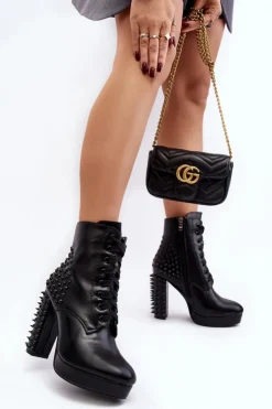 Boto Czarne Botki|Botki Na Obcasie*Botki Damskie Na Słupku Z Ćwiekami Czarne Alemilla