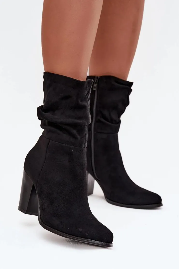 Boto Botki Na Słupku|Botki Zimowe Damskie*Botki Damskie Na Słupku Z Marszczeniem Czarne Jovessa