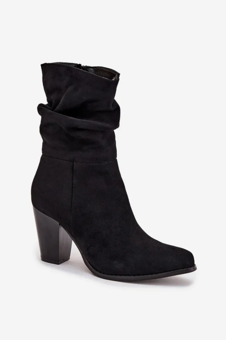 Boto Botki Na Słupku|Botki Zimowe Damskie*Botki Damskie Na Słupku Z Marszczeniem Czarne Jovessa