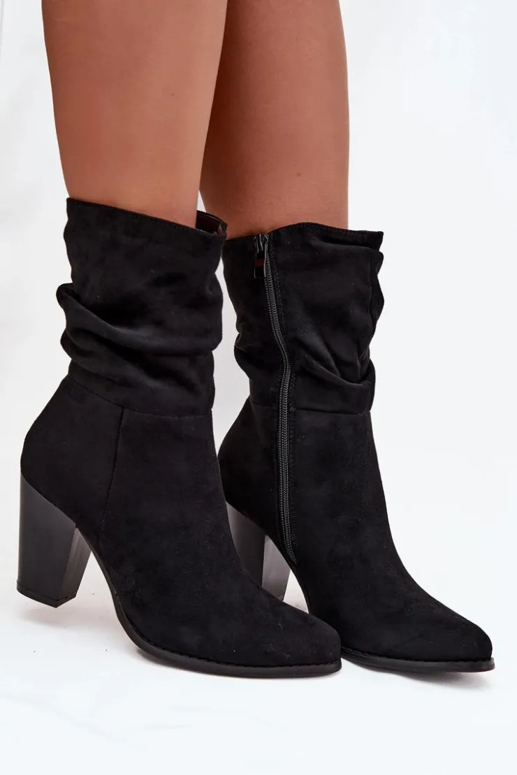 Boto Botki Na Słupku|Botki Zimowe Damskie*Botki Damskie Na Słupku Z Marszczeniem Czarne Jovessa