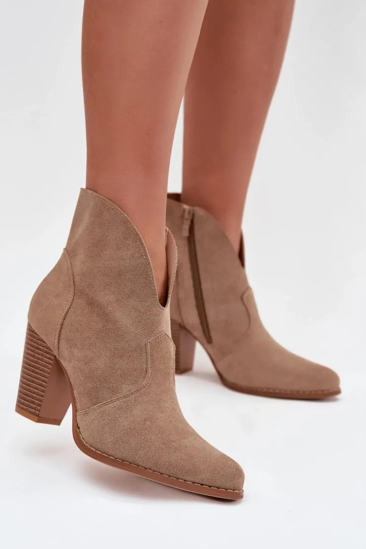 Outlet Boto Botki Damskie Na Słupku Z Eko Zamszu Beżowe Elvirae Beżowy