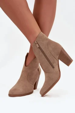 Outlet Boto Botki Damskie Na Słupku Z Eko Zamszu Beżowe Elvirae Beżowy