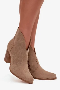 Outlet Boto Botki Damskie Na Słupku Z Eko Zamszu Beżowe Elvirae Beżowy