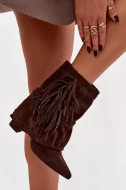 Damskie Boto Botki Damskie Na Słupku Z Frędzlami I Złotymi Klamrami Czekoladowe Evelisse