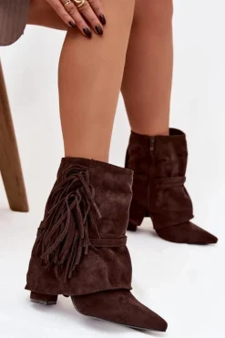 Damskie Boto Botki Damskie Na Słupku Z Frędzlami I Złotymi Klamrami Czekoladowe Evelisse