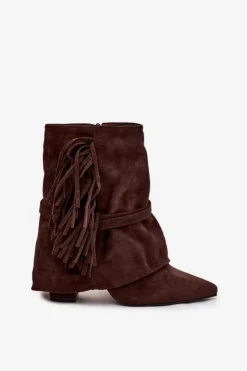 Damskie Boto Botki Damskie Na Słupku Z Frędzlami I Złotymi Klamrami Czekoladowe Evelisse