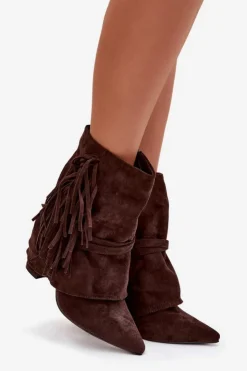 Damskie Boto Botki Damskie Na Słupku Z Frędzlami I Złotymi Klamrami Czekoladowe Evelisse
