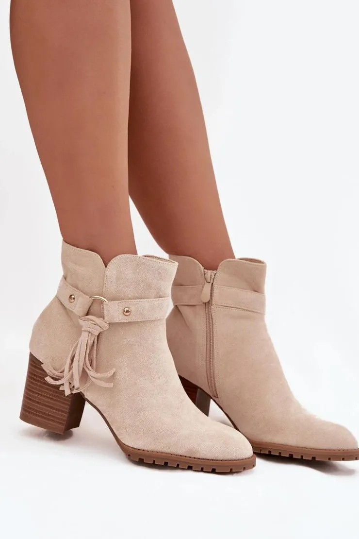 Boto Botki Na Słupku|Botki Na Obcasie*Botki Damskie Na Słupku Z Frędzlami Jasnobeżowe Rosabella Beżowy