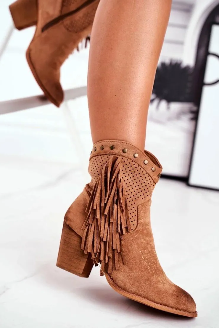 Damskie Boto Botki Damskie Na Słupku Z Frędzlami Kowbojki Khaki Michelle