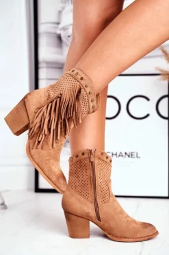 Damskie Boto Botki Damskie Na Słupku Z Frędzlami Kowbojki Khaki Michelle