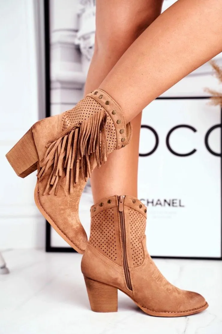 Damskie Boto Botki Damskie Na Słupku Z Frędzlami Kowbojki Khaki Michelle
