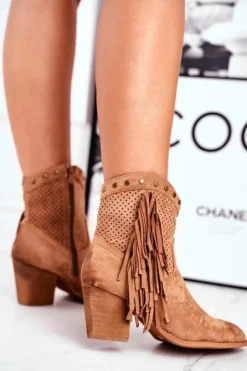 Damskie Boto Botki Damskie Na Słupku Z Frędzlami Kowbojki Khaki Michelle