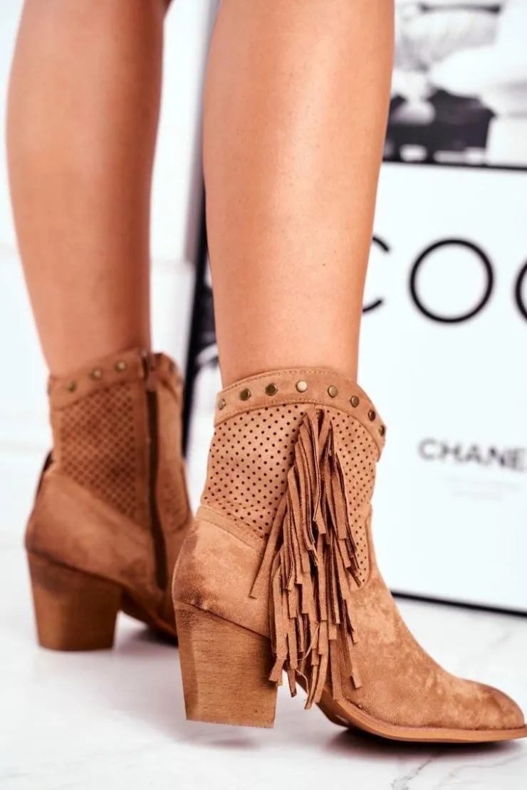 Damskie Boto Botki Damskie Na Słupku Z Frędzlami Kowbojki Khaki Michelle