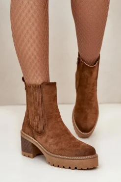 New Boto Botki Damskie Na Słupku Z Eko Zamszu Ocieplane Brązowe Nevitas Brązowy