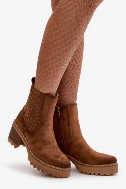 New Boto Botki Damskie Na Słupku Z Eko Zamszu Ocieplane Brązowe Nevitas Brązowy