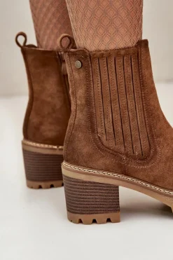 New Boto Botki Damskie Na Słupku Z Eko Zamszu Ocieplane Brązowe Nevitas Brązowy