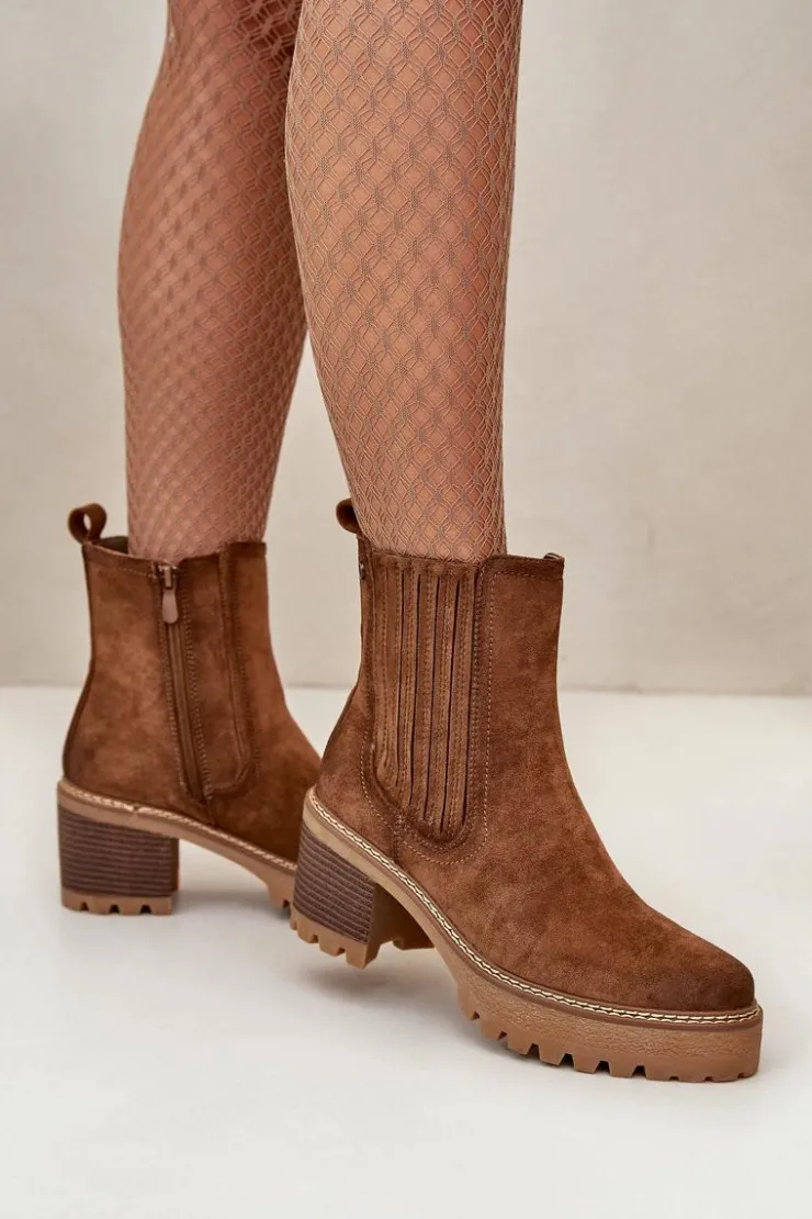 New Boto Botki Damskie Na Słupku Z Eko Zamszu Ocieplane Brązowe Nevitas Brązowy