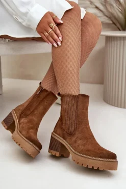 New Boto Botki Damskie Na Słupku Z Eko Zamszu Ocieplane Brązowe Nevitas Brązowy