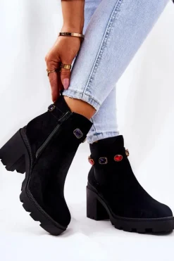 Damskie Boto Botki Damskie Na Słupku z Kryształami Czarne Makbet