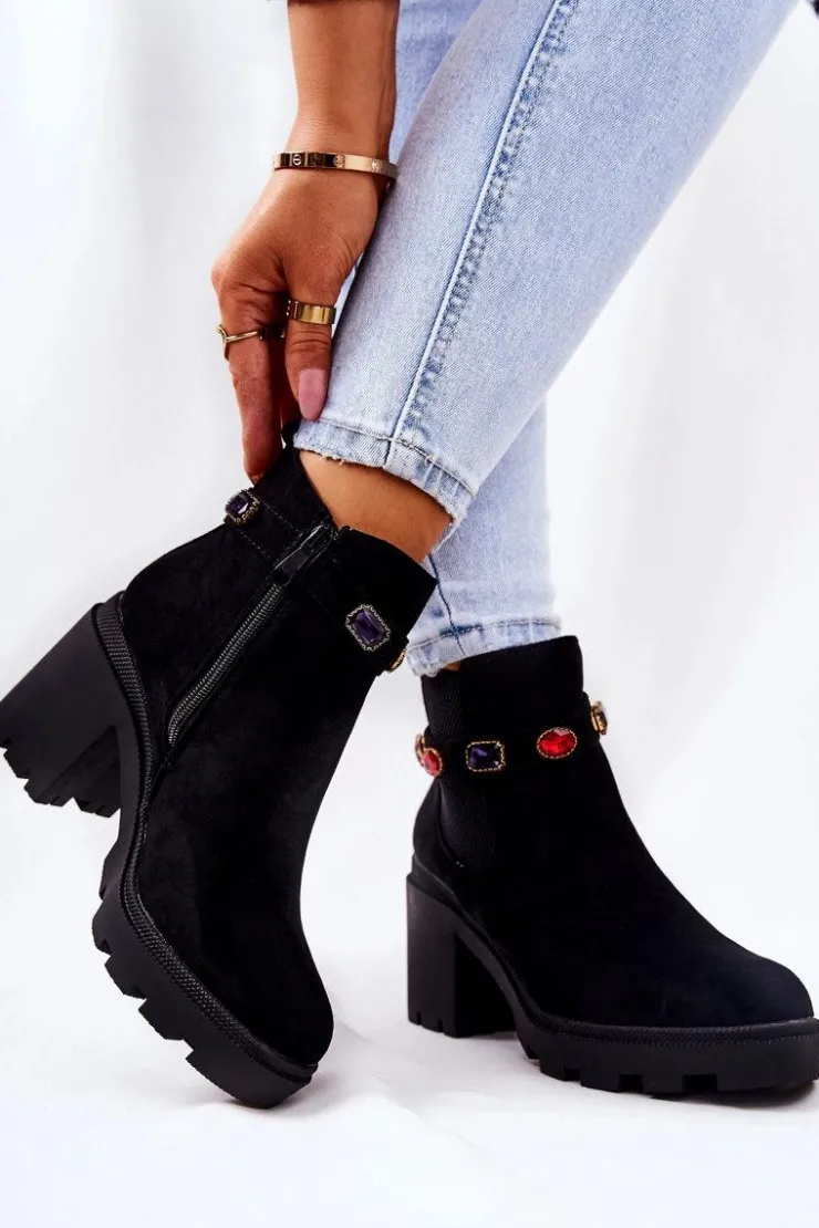 Damskie Boto Botki Damskie Na Słupku z Kryształami Czarne Makbet