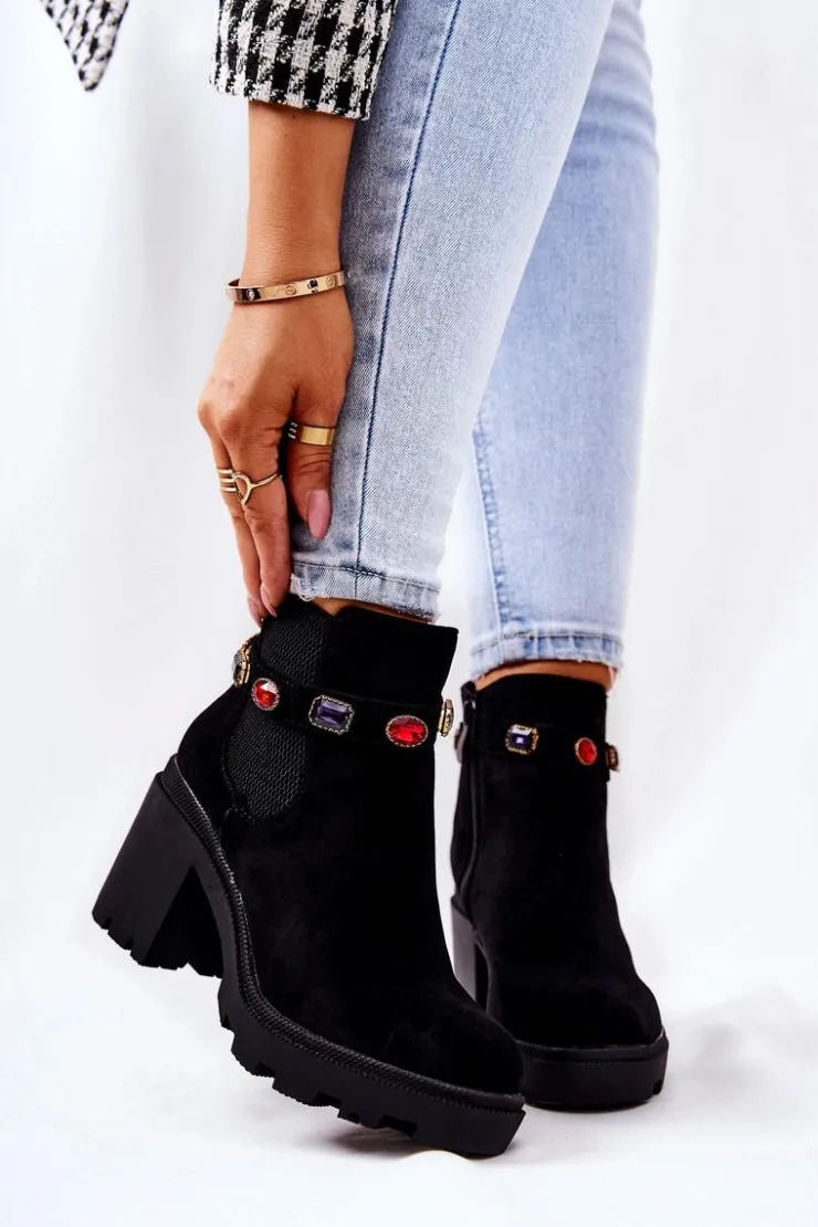 Damskie Boto Botki Damskie Na Słupku z Kryształami Czarne Makbet