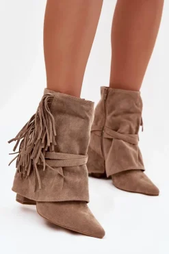 Outlet Boto Botki Damskie Na Słupku Z Frędzlami I Złotymi Klamrami Beżowe Evelisse Beżowy