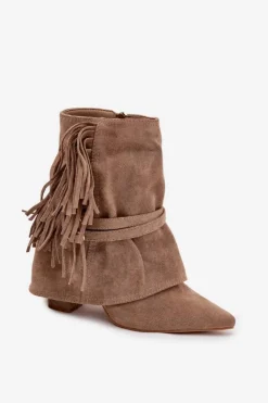 Outlet Boto Botki Damskie Na Słupku Z Frędzlami I Złotymi Klamrami Beżowe Evelisse Beżowy