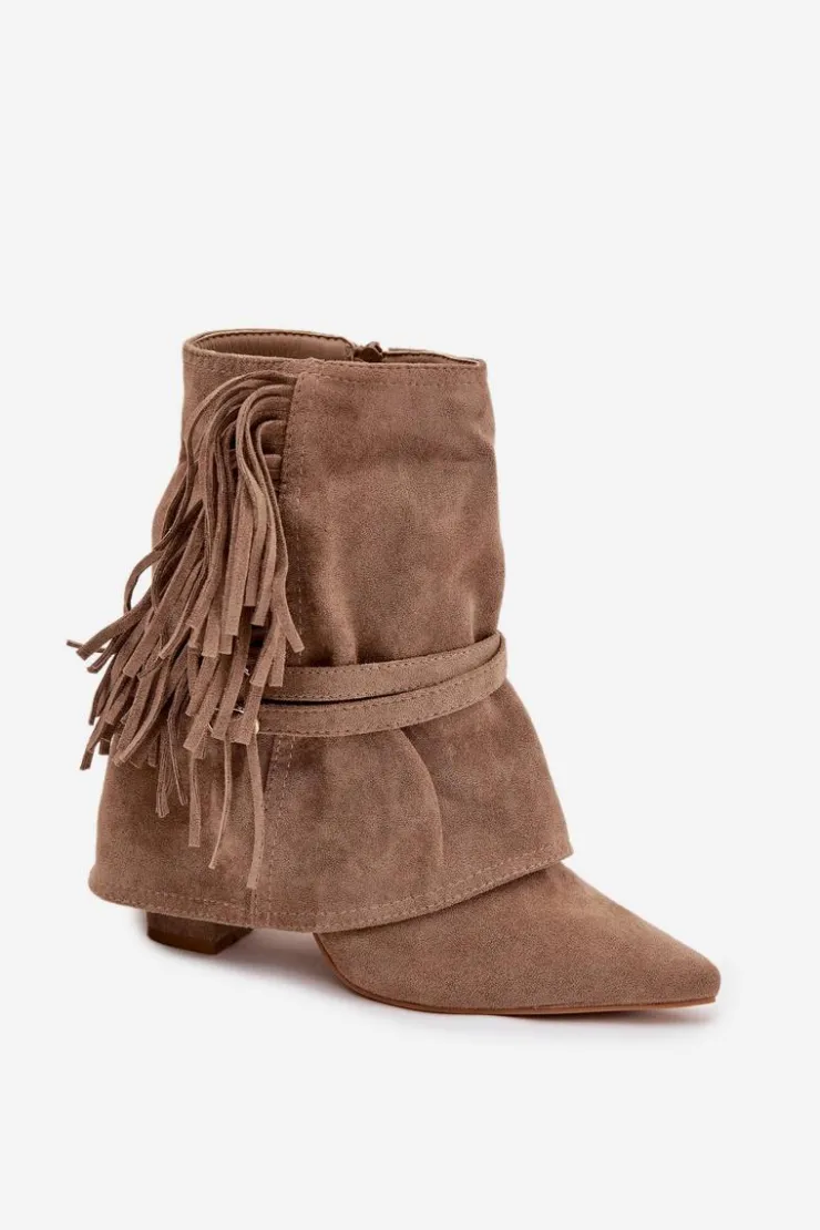 Outlet Boto Botki Damskie Na Słupku Z Frędzlami I Złotymi Klamrami Beżowe Evelisse Beżowy