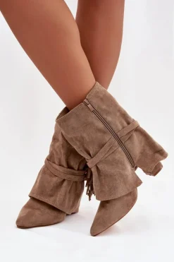 Outlet Boto Botki Damskie Na Słupku Z Frędzlami I Złotymi Klamrami Beżowe Evelisse Beżowy