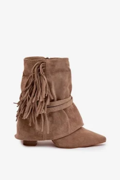 Outlet Boto Botki Damskie Na Słupku Z Frędzlami I Złotymi Klamrami Beżowe Evelisse Beżowy