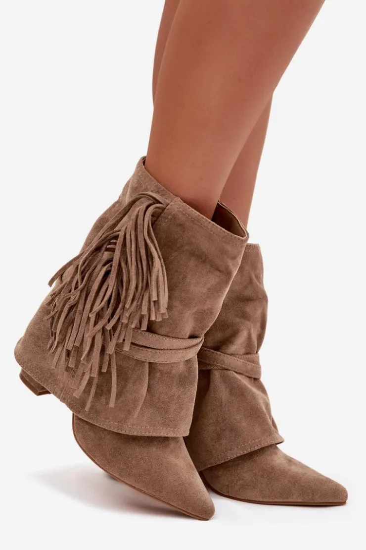 Outlet Boto Botki Damskie Na Słupku Z Frędzlami I Złotymi Klamrami Beżowe Evelisse Beżowy